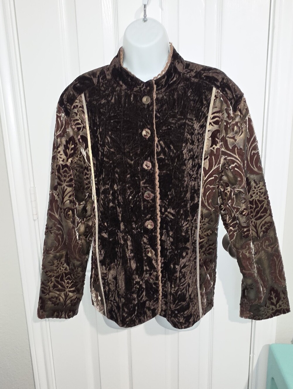 Chico's Brown Crushed Velvet Metallic Print Blazer Jacket Size 3 (XL)